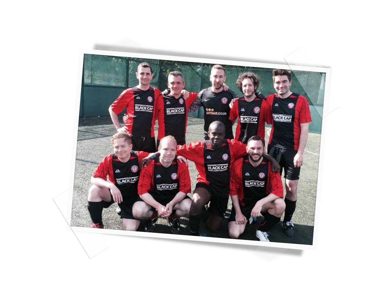 The Leftfooters Football team founded at the Black Cap in 1999, here wearing their Cap-sponsored kit